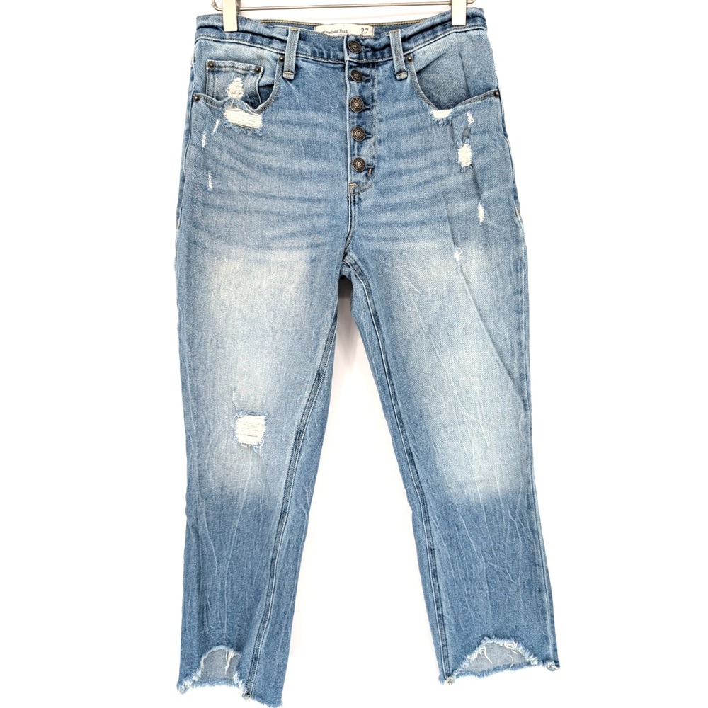 Abercrombie & Fitch A&F Mom Jeans 27/4 High Rise Distressed Button‎ Fly Fray Hem